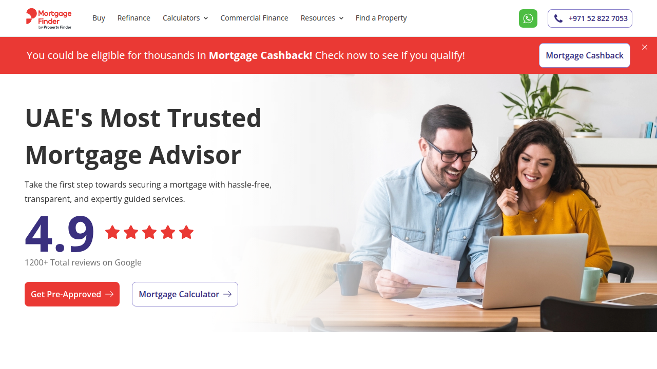 The Mortgage Finder website, a platform for comparing mortgage rates from various banks in Dubai.