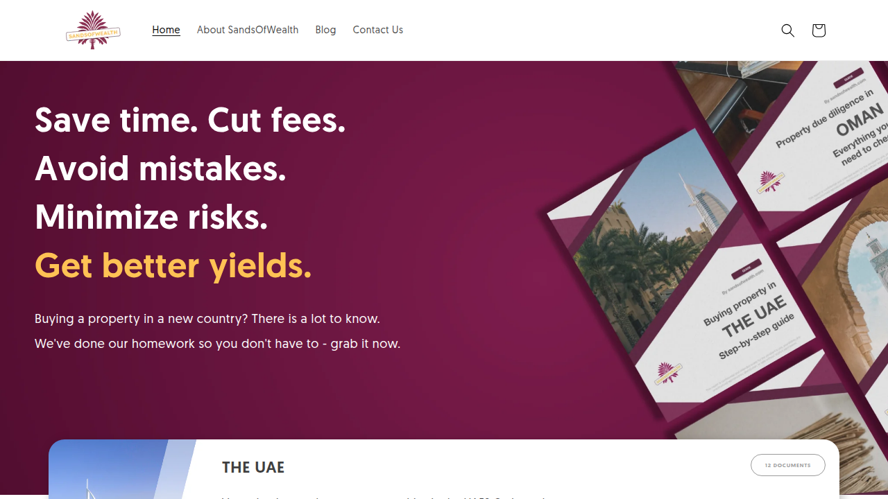 Homepage of Sands of Wealth, a resource for Dubai property price forecasts and investment insights.