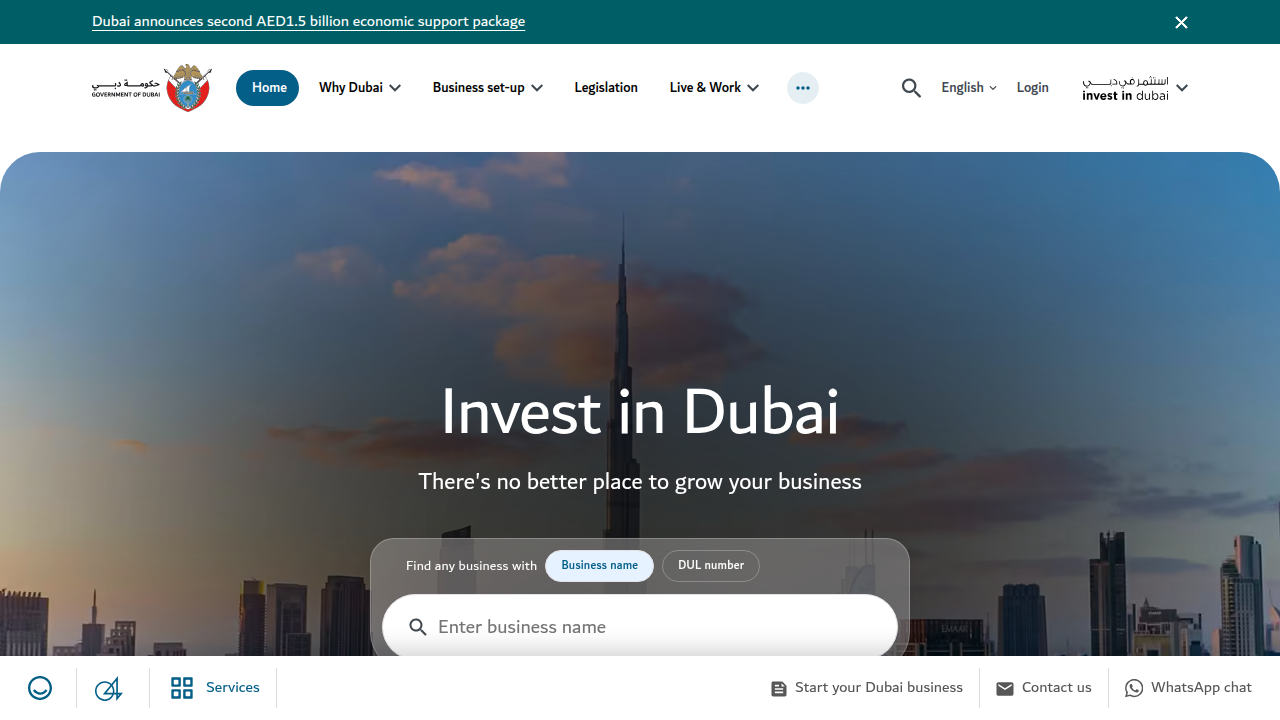 The official Invest in Dubai portal homepage, providing insights into real estate projects.