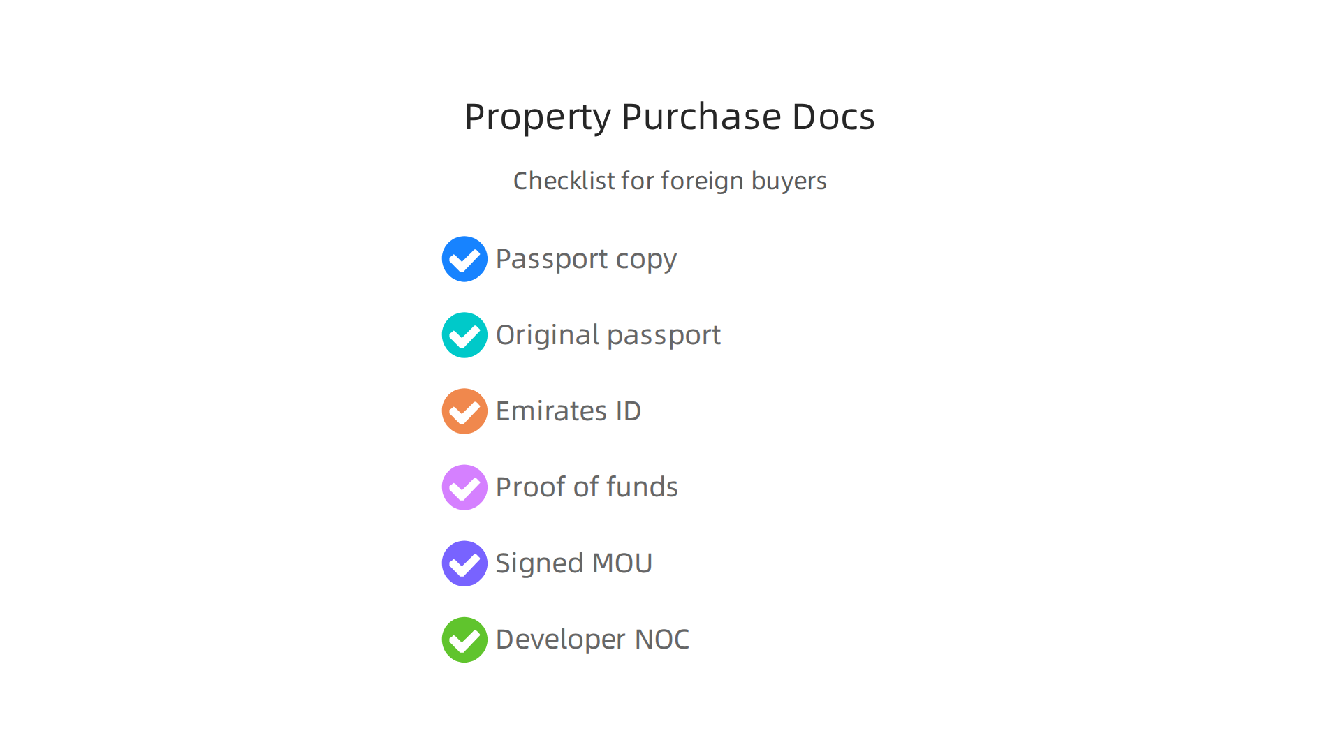 Key documents required to complete a property purchase for foreign buyers in Dubai's freehold zones.