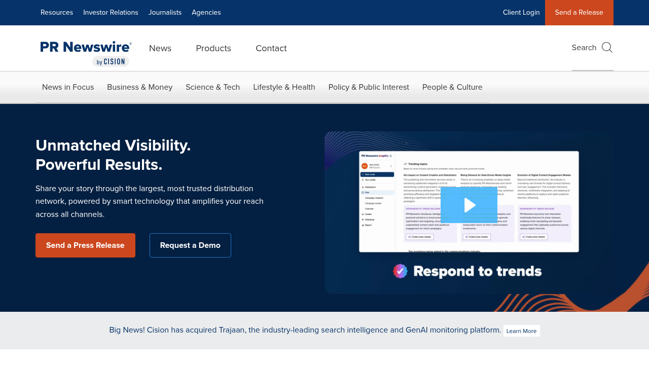 The PR Newswire platform featuring news releases, including market reports.