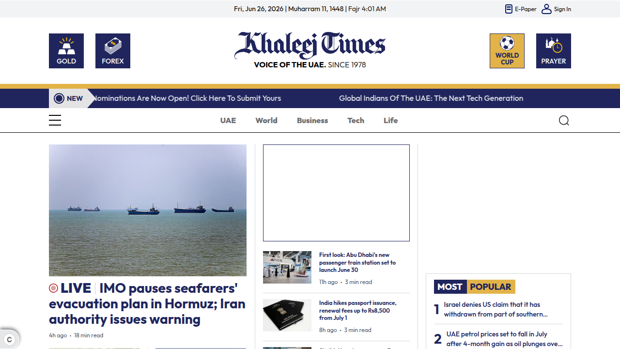 Screenshot of a Khaleej Times article detailing current mortgage rates for Dubai homebuyers.