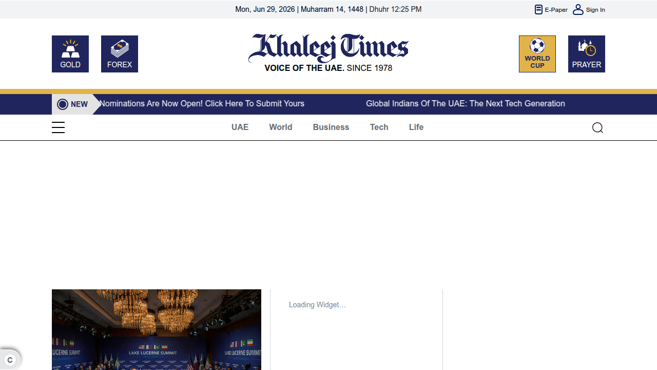 Screenshot of the Khaleej Times homepage, a prominent UAE newspaper covering real estate news.