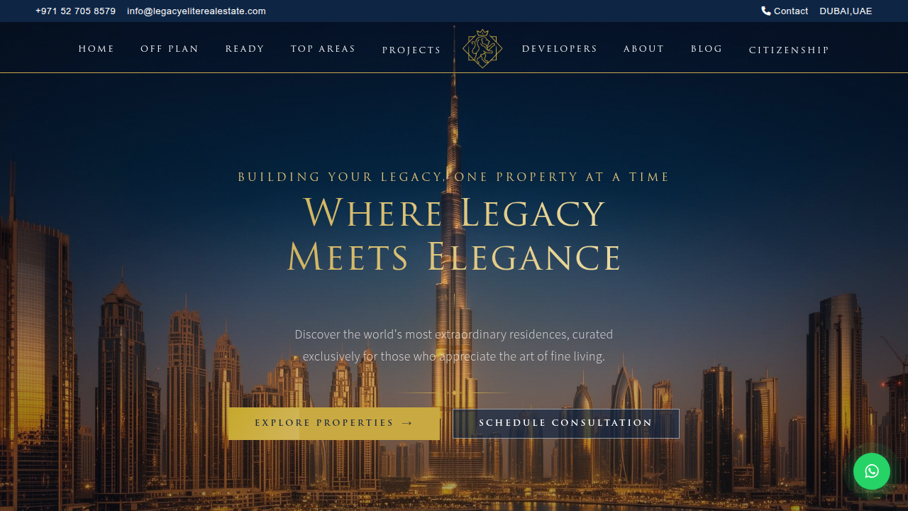 Legacy Elite Real Estate website, showcasing available properties in Dubai.