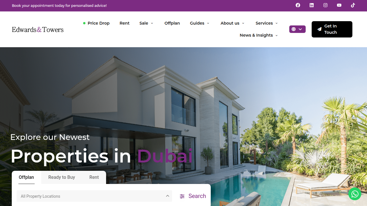 Screenshot of Edwards & Towers, a real estate firm providing market analysis and property services in Dubai.