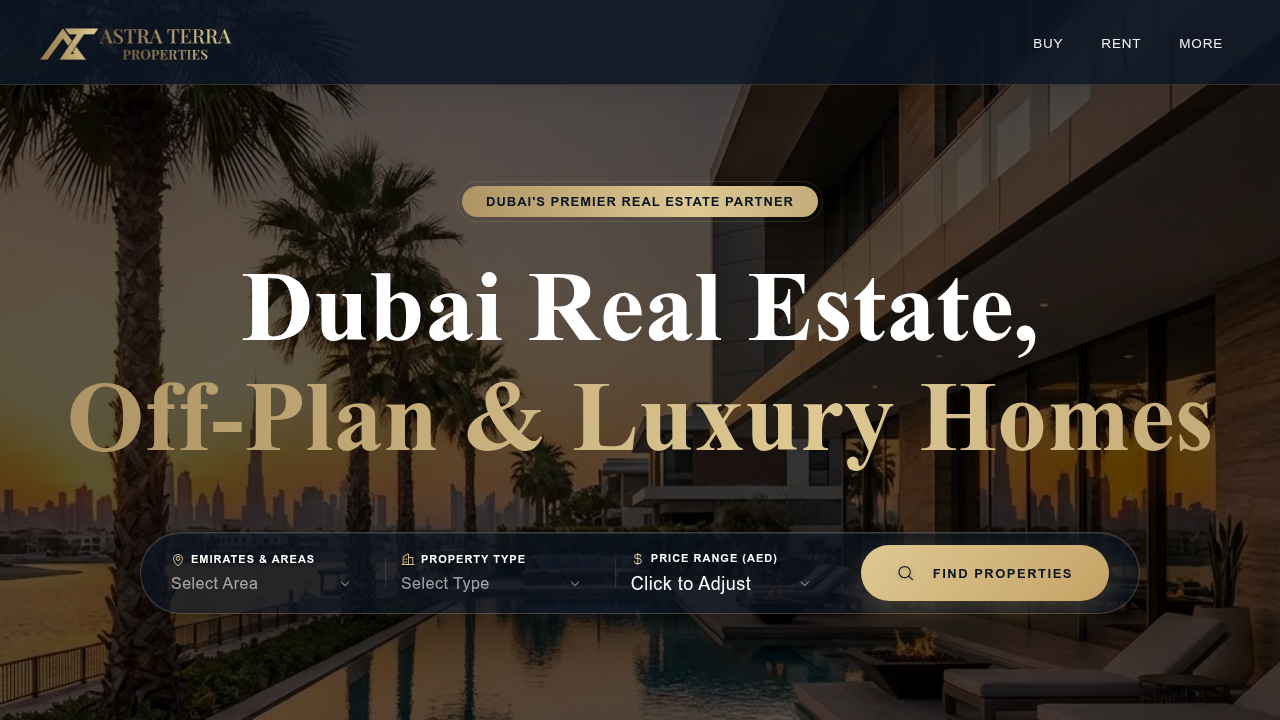 A screenshot of Astra Terra's homepage, a real estate resource for Dubai property information.