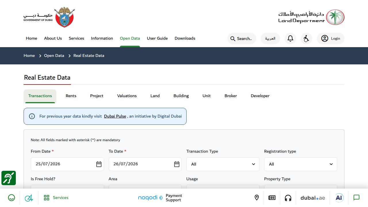 Screenshot of the Dubai Land Department (DLD) official open data portal, where real estate transaction data is made public for investors.