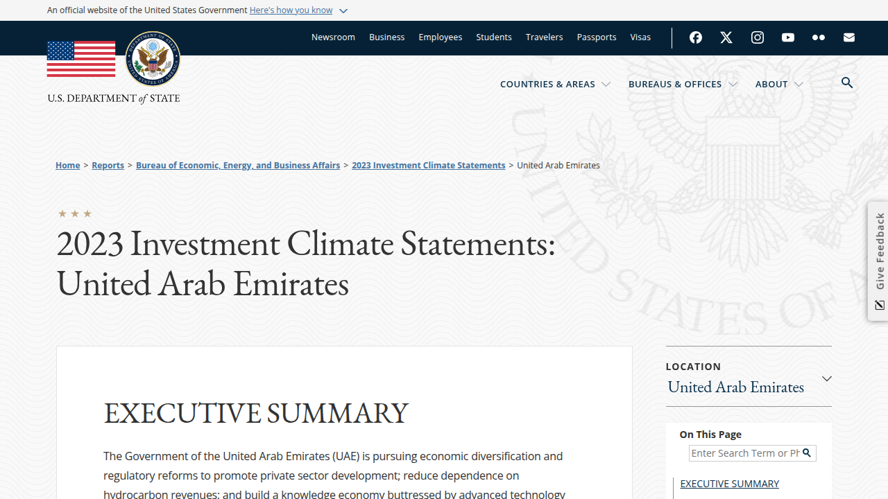 Review the U.S. State Department's investment climate statements for the UAE.